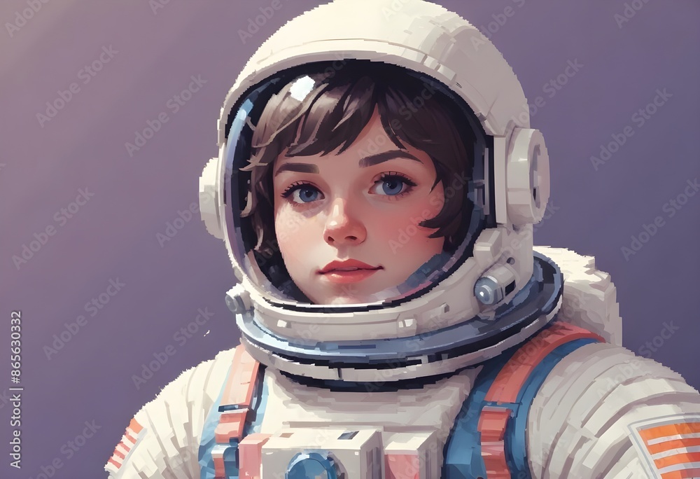 Cute young female astronaute looking at the distance in the sky, glimsping, beautiful night sky behind with planets and stars, pixelart comic Cute young female astronaute looking at the distance in the sky, glimsping, beautiful night sky behind with planets and stars, pixelart comic