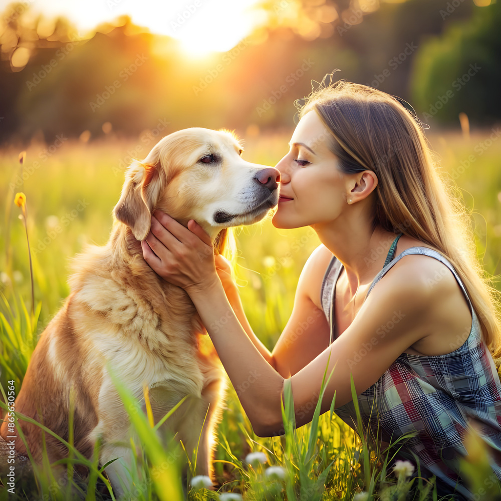 A Women kissing a dog in the summer day.On a perfect summer day, a woman kneels in the tall grass of a green field, lovingly pressing her lips to her dog's forehead, both surrounded by the beauty. A Women kissing a dog in the summer day.On a perfect summer day, a woman kneels in the tall grass of a green field, lovingly pressing her lips to her dog's forehead, both surrounded by the beauty.