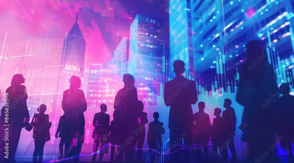 A group of business people in silhouette, with stock market charts and graphs in the background The color scheme is a blue to purple gradient creating an atmosphere of financial activity Generative AI A group of business people in silhouette, with stock market charts and graphs in the background The color scheme is a blue to purple gradient creating an atmosphere of financial activity Generative AI