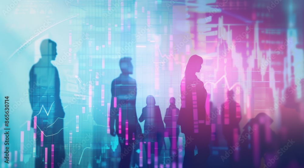 A double exposure of silhouettes of business people with financial graphs and stock market charts, representing the dynamic nature of corporate volume on an online trading platform Generative AI A double exposure of silhouettes of business people with financial graphs and stock market charts, representing the dynamic nature of corporate volume on an online trading platform Generative AI