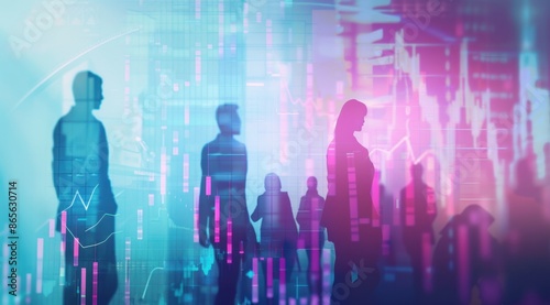 A double exposure of silhouettes of business people with financial graphs and stock market charts, representing the dynamic nature of corporate volume on an online trading platform Generative AI