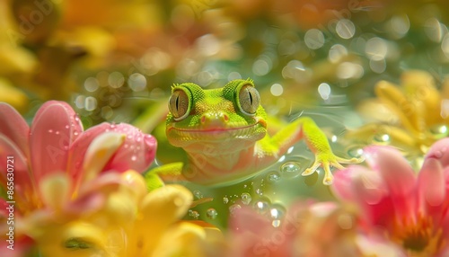 A close up of a green lizard sitting in the middle of flowers. AI. photo