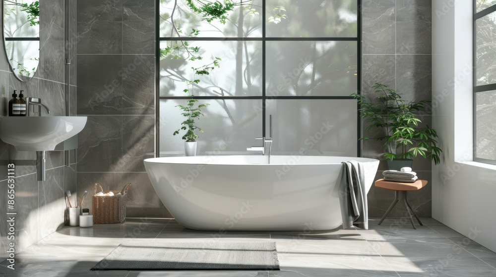 A bathroom with a large tub and sink in it. AI.