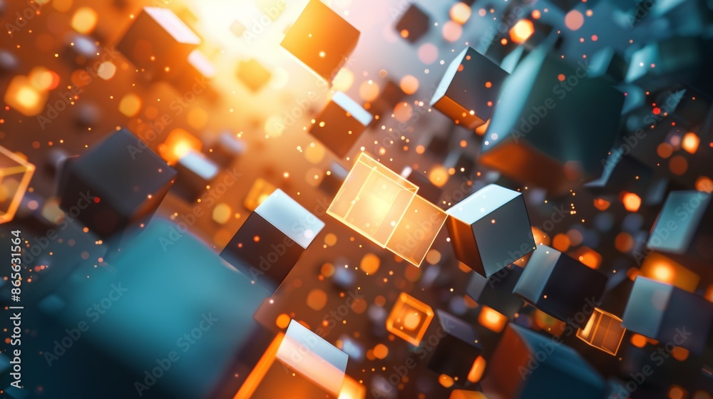 3d rendering of abstract geometric background with glowing cubes in dark space 3d rendering of abstract geometric background with glowing cubes in dark space