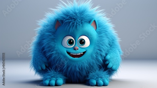 Adorable furry blue monster in 3D cartoon design.