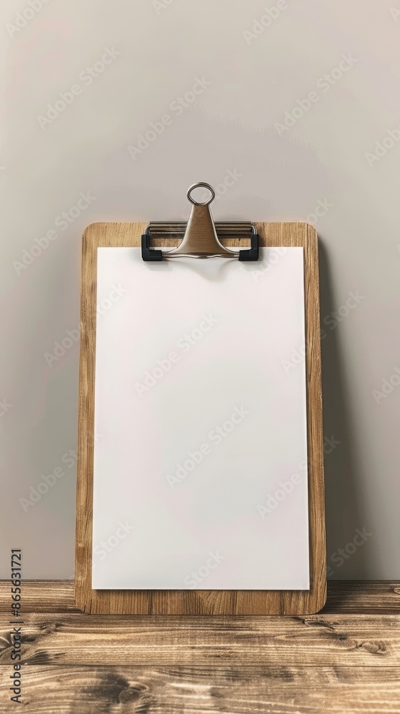 Wooden clipboard with blank paper sheet on wooden table Wooden clipboard with blank paper sheet on wooden table