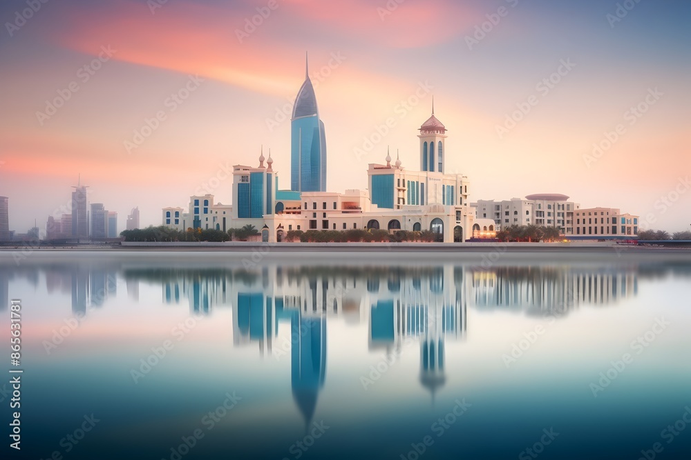 Stunning Cityscape with Modern Skyscrapers Reflecting in Calm Waters at Sunset Stunning Cityscape with Modern Skyscrapers Reflecting in Calm Waters at Sunset