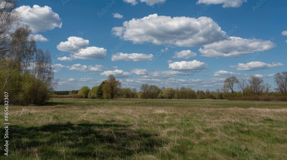 A panoramic view of rolling green hills and meadows under a bright blue sky dotted with puffy white clouds A panoramic view of rolling green hills and meadows under a bright blue sky dotted with puffy white clouds