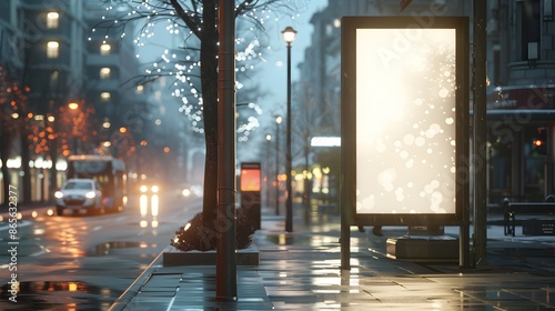 Empty billboard mockup in a rainy city street at night, perfect for advertising and marketing campaigns. Urban scenery background with blank billboard space. © XtzStudio