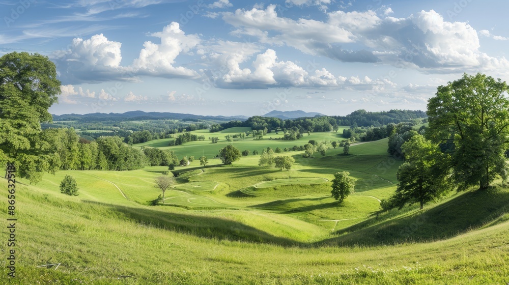 A panoramic view of rolling green hills and meadows under a bright blue sky dotted with puffy white clouds A panoramic view of rolling green hills and meadows under a bright blue sky dotted with puffy white clouds