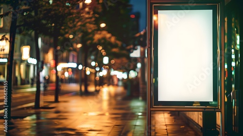 Blank billboard mockup in a bustling city street at night, perfect for showcasing your advertisement. Urban advertising concept with copy space.