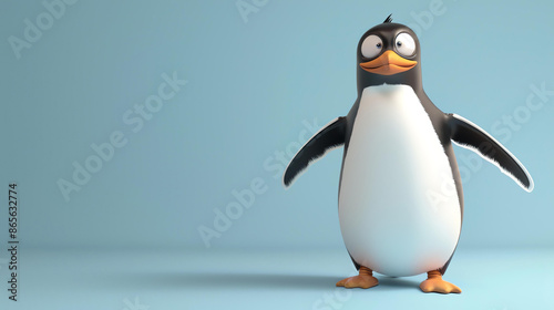 3D rendering of a cute and funny penguin standing on an ice floe. The penguin is looking at the camera with a curious expression. © Design
