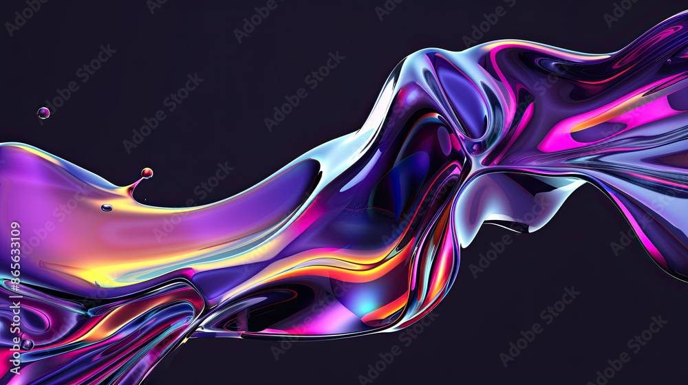 Obraz premium Splashing 3D Chrome Neon Fluid Form, Liquid Metallic Shape, Isolated on Black