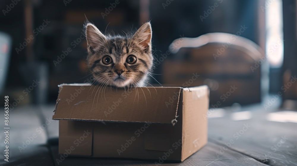 Grey tabby cat comfortably seated in a cardboard box on the floor. Grey tabby cat comfortably seated in a cardboard box on the floor.