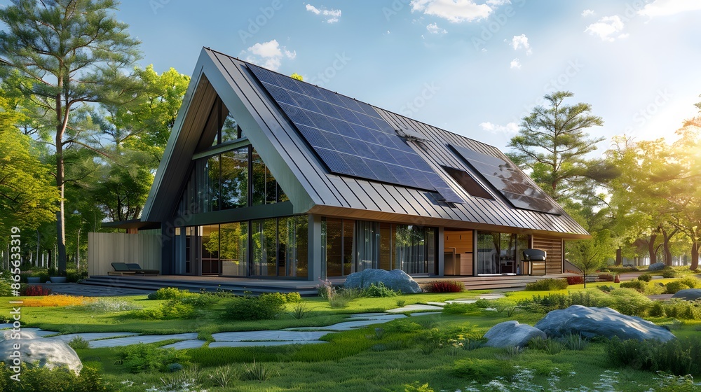 Modern A-frame home with solar panels on roof surrounded by lush green lawn and trees, concept of sustainable living, renewable energy, and eco-friendly housing Modern A-frame home with solar panels on roof surrounded by lush green lawn and trees, concept of sustainable living, renewable energy, and eco-friendly housing