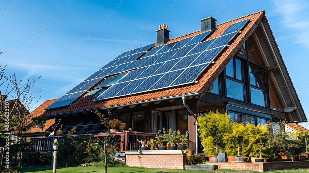 Modern home with solar panels on roof, promoting sustainable living and renewable energy for a greener future. Modern home with solar panels on roof, promoting sustainable living and renewable energy for a greener future.