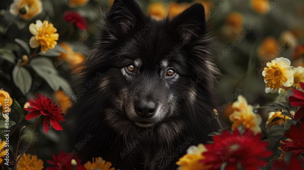 Finnish Lapphund dog posing with flowers Finnish Lapphund dog posing with flowers