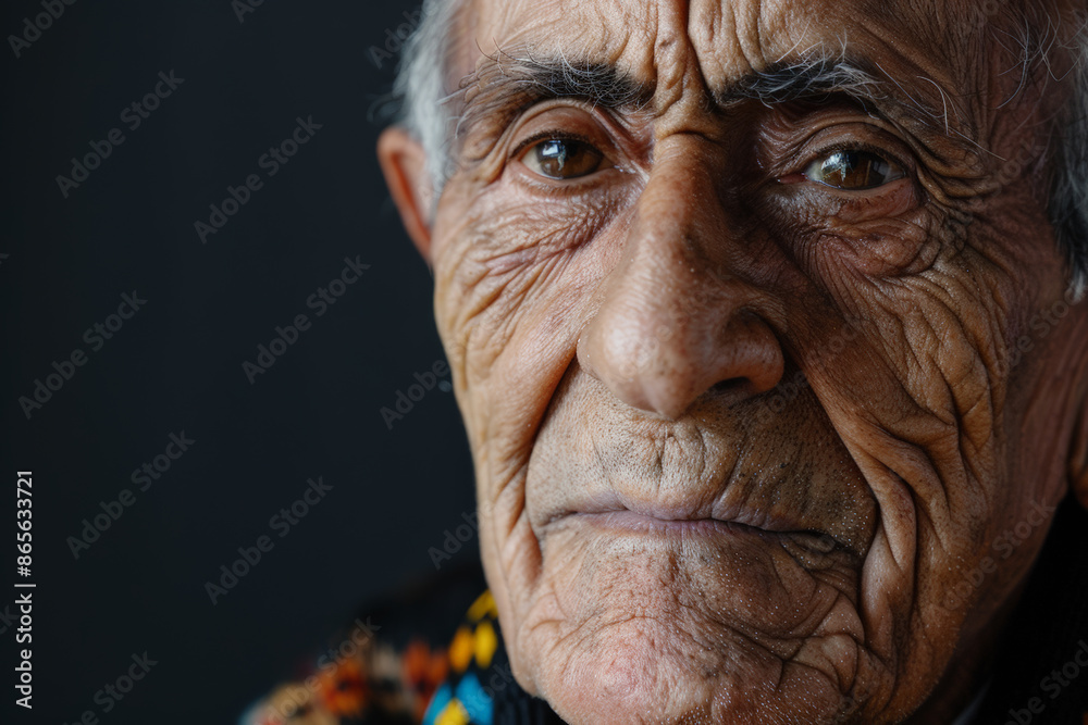 Close-up portrait of a senior Latino man, studio photo, against a sleek gray studio backdrop Close-up portrait of a senior Latino man, studio photo, against a sleek gray studio backdrop