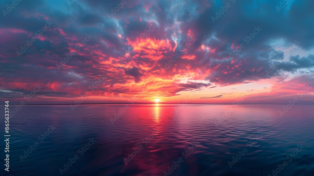 Spectacular fiery sunset over a vast ocean, vibrant sky with dramatic cloudscape. Nature background for travel, relaxation, and inspiration. Spectacular fiery sunset over a vast ocean, vibrant sky with dramatic cloudscape. Nature background for travel, relaxation, and inspiration.