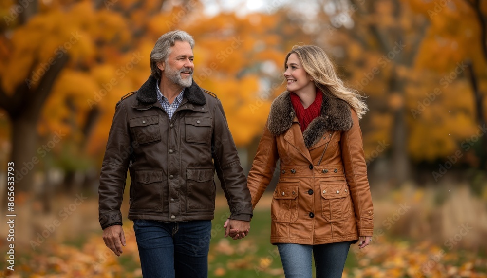 Mature couple in warm clothes walking together holding hands amidst beautiful autumn leaves Mature couple in warm clothes walking together holding hands amidst beautiful autumn leaves