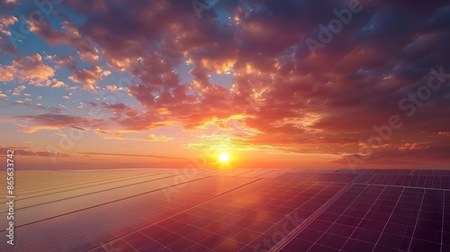Solar panel farm at sunset. Aerial view of renewable energy source, solar panels, with dramatic sky and clouds