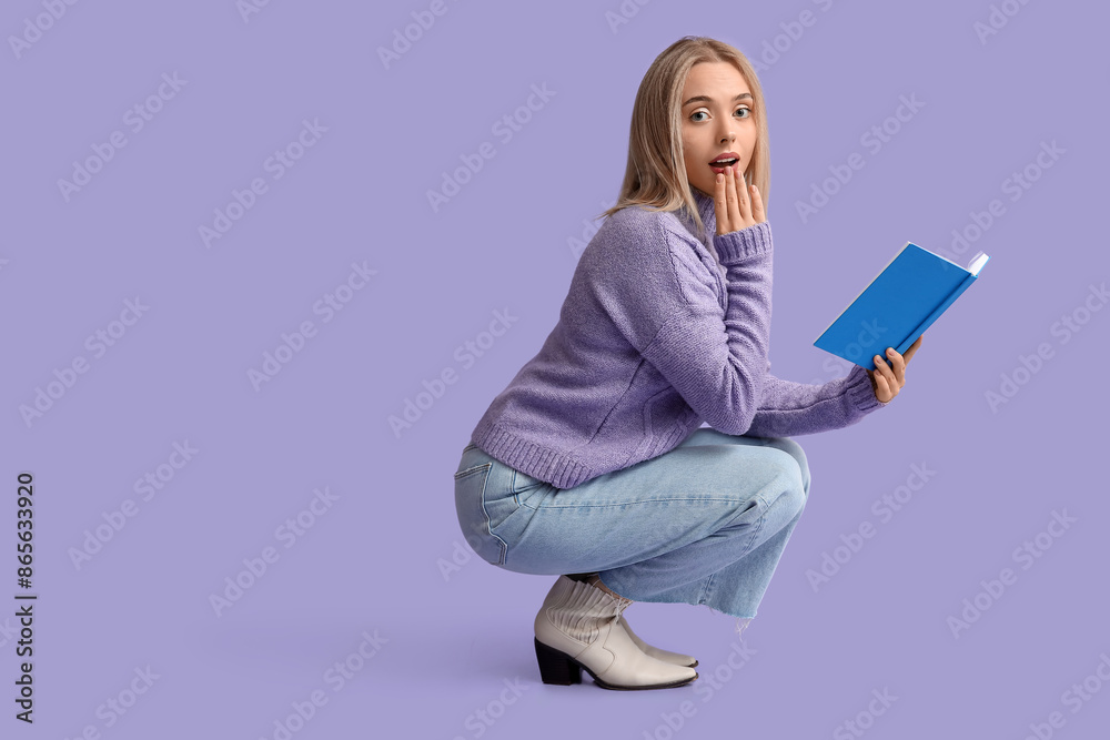 Beautiful young shocked woman with book sitting on lilac background