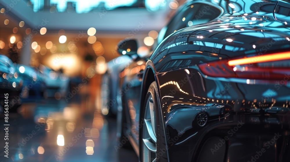 Realistic close up photo of car for sale in showroom with soft focus, ideal for viewing details Realistic close up photo of car for sale in showroom with soft focus, ideal for viewing details