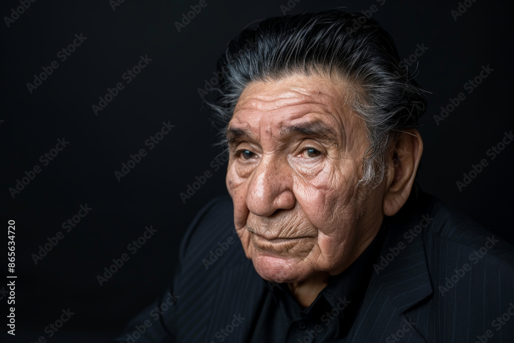 Close-up portrait of a senior Latino man, studio photo, against a sleek gray studio backdrop