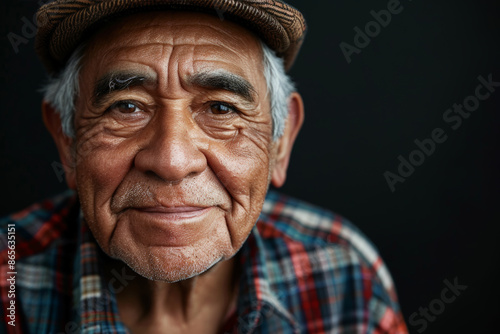 Close-up portrait of a senior Latino man, studio photo, against a sleek gray studio backdrop