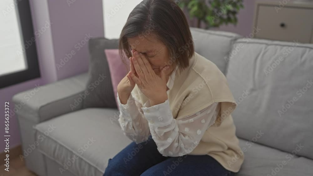 Upset middle-aged woman covering face with hands, sitting on sofa in a modern living room Upset middle-aged woman covering face with hands, sitting on sofa in a modern living room