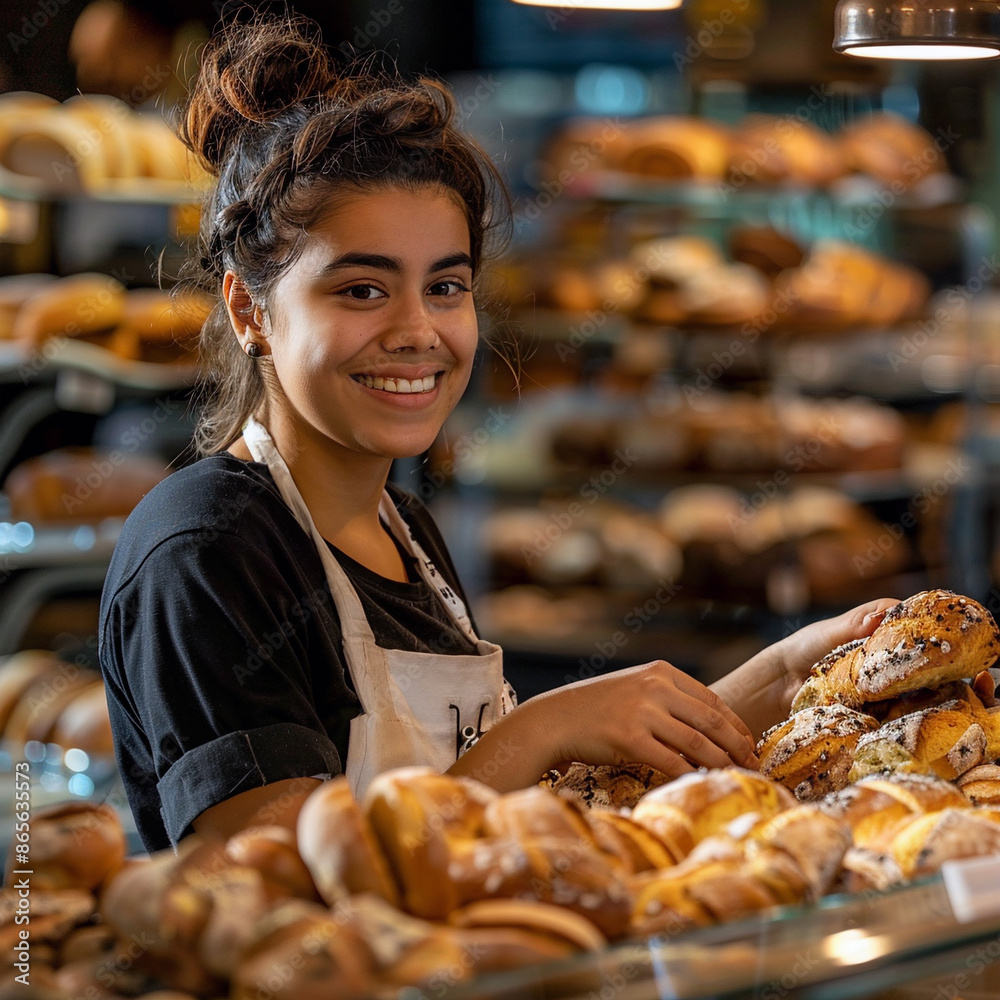 A baker placing bread on the counter. A baker placing bread on the counter.