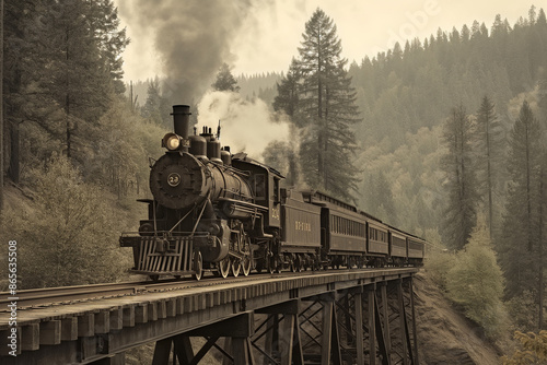 steam train in the woods crossing the bridge