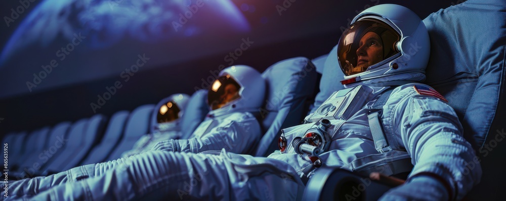 Astronauts seated in a futuristic cinema, watching a cosmic-themed movie with Earth in the background. Ideal for space exploration and sci-fi visuals. Free copy space for text. Astronauts seated in a futuristic cinema, watching a cosmic-themed movie with Earth in the background. Ideal for space exploration and sci-fi visuals. Free copy space for text.
