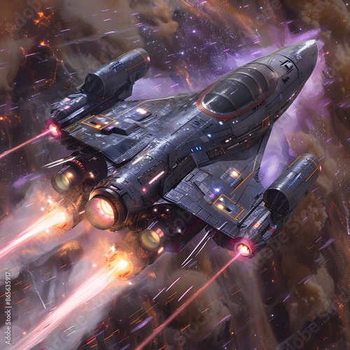 Futuristic Starship Engages in Intense Intergalactic Battle Amidst Cosmic Backdrop photo