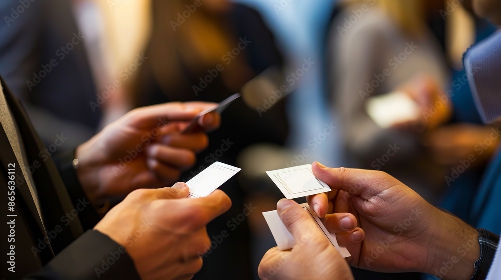 Business people holding business cards at a meeting.
