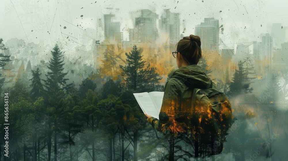 Obraz premium Ecologist studying biodiversity in a forest capturing the richness of habitats and population dynamics