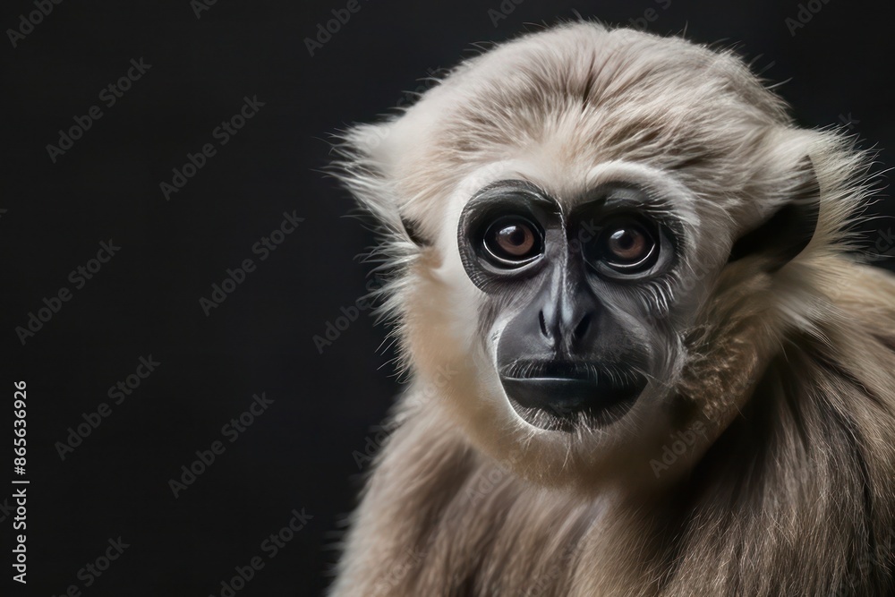 A portrait of a white-cheeked gibbon, its thoughtful expression and detailed fur texture set against a dark charcoal background. The image captures the gibbon's gentle nature. A portrait of a white-cheeked gibbon, its thoughtful expression and detailed fur texture set against a dark charcoal background. The image captures the gibbon's gentle nature.