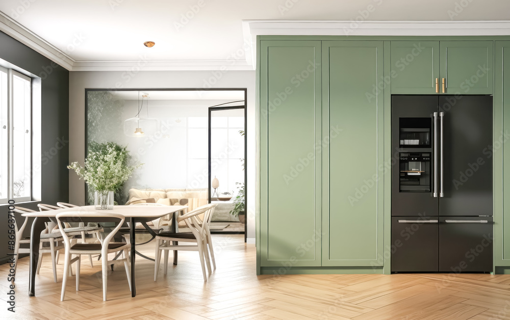 Fototapeta premium A green kitchen with a dining table and chairs.