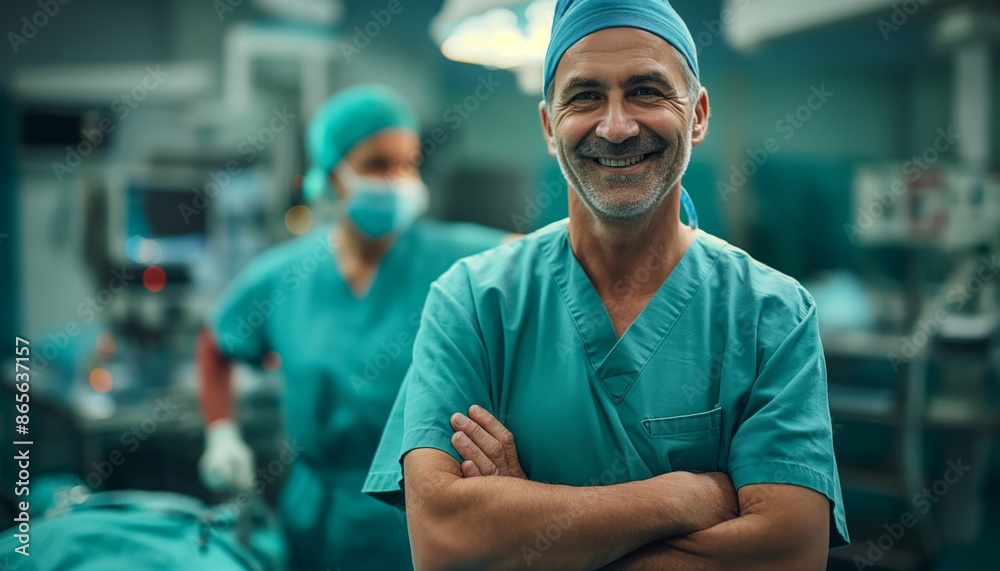 A confident surgeon in blue scrubs, standing with arms crossed in an operating room with a team working in the background, representing teamwork, professionalism, and medical expertise.