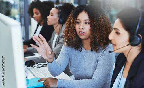 Call center, mentor and advice with business people, telemarketing and conversation for new system. Staff, insurance consultant and supervisor with employee, review and customer service with feedback