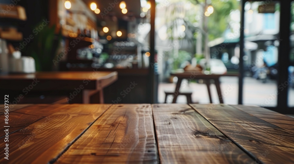 Blurry background of a coffee shop with an empty wooden table Blurry background of a coffee shop with an empty wooden table