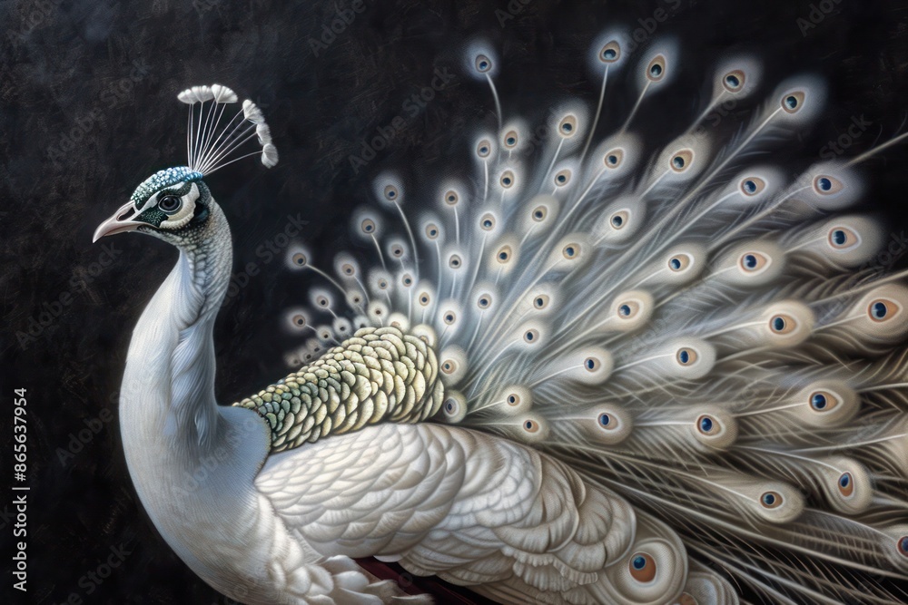 Fototapeta premium A portrait of a white peacock, its splendid tail feathers and striking face against a dark charcoal backdrop. The peacock's regal presence and vibrant details are vividly rendered.