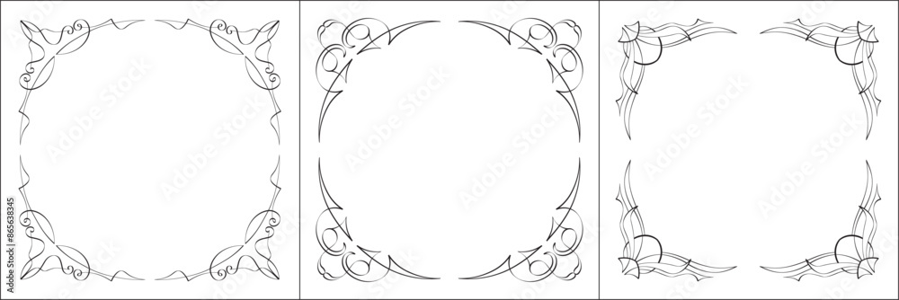 Set of three vector frames. Elegant black and white monochrome ornamental border for greeting cards, banners, invitations. Vector frame for all sizes and formats. Isolated vector illustration.
Set of three vector frames. Elegant black and white monochrome ornamental border for greeting cards, banners, invitations. Vector frame for all sizes and formats. Isolated vector illustration.