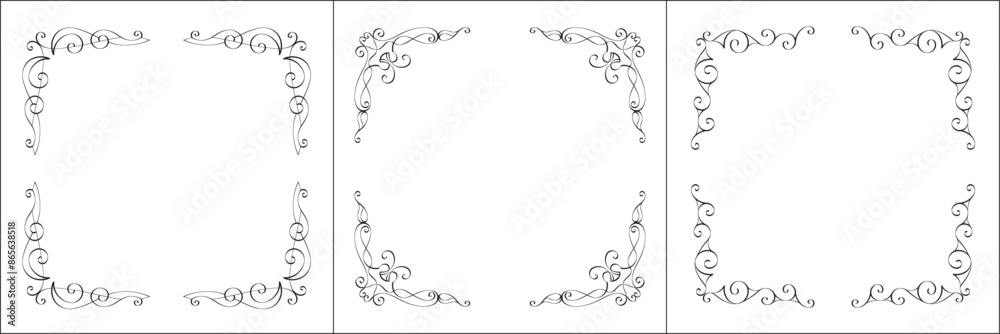 Set of three vector frames. Elegant black and white monochrome ornamental border for greeting cards, banners, invitations. Vector frame for all sizes and formats. Isolated vector illustration.
Set of three vector frames. Elegant black and white monochrome ornamental border for greeting cards, banners, invitations. Vector frame for all sizes and formats. Isolated vector illustration.
