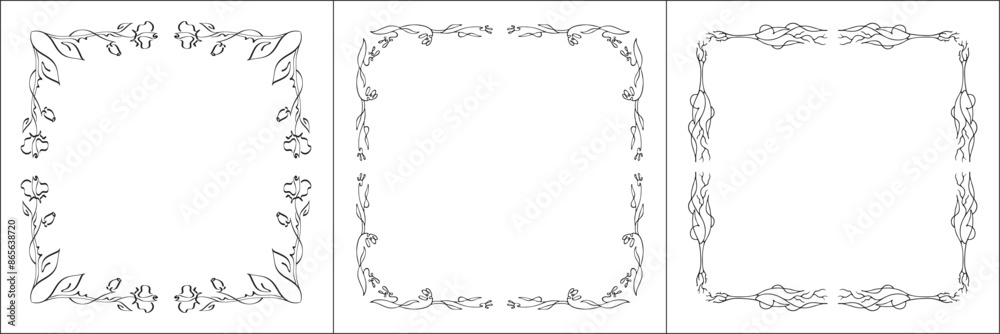Set of three elegant black and white ornamental frame, decorative border, corners for greeting cards, banners, business cards, invitations, menus. Isolated vector illustration. Set of three elegant black and white ornamental frame, decorative border, corners for greeting cards, banners, business cards, invitations, menus. Isolated vector illustration.