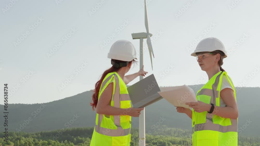 A team of female engineers are using laptops to inspect a wind turbine outdoors, promoting sustainable energy for a greener future and showcasing womens role in the industrys development A team of female engineers are using laptops to inspect a wind turbine outdoors, promoting sustainable energy for a greener future and showcasing womens role in the industrys development