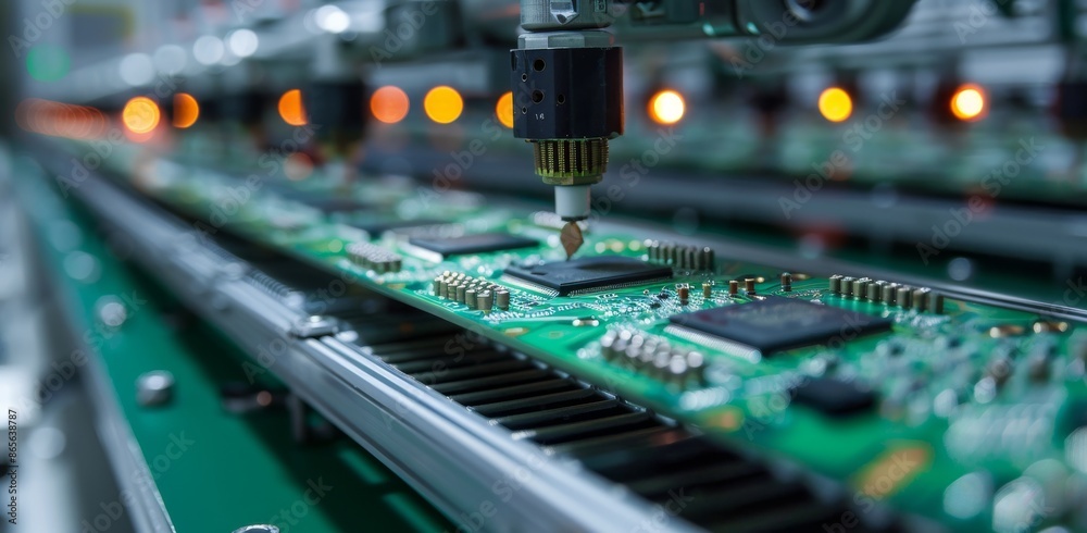 Fototapeta premium Close-up shot of an automated production line assembling electronics in a factory setting