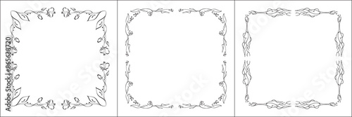 Set of three elegant black and white ornamental frame, decorative border, corners for greeting cards, banners, business cards, invitations, menus. Isolated vector illustration.	