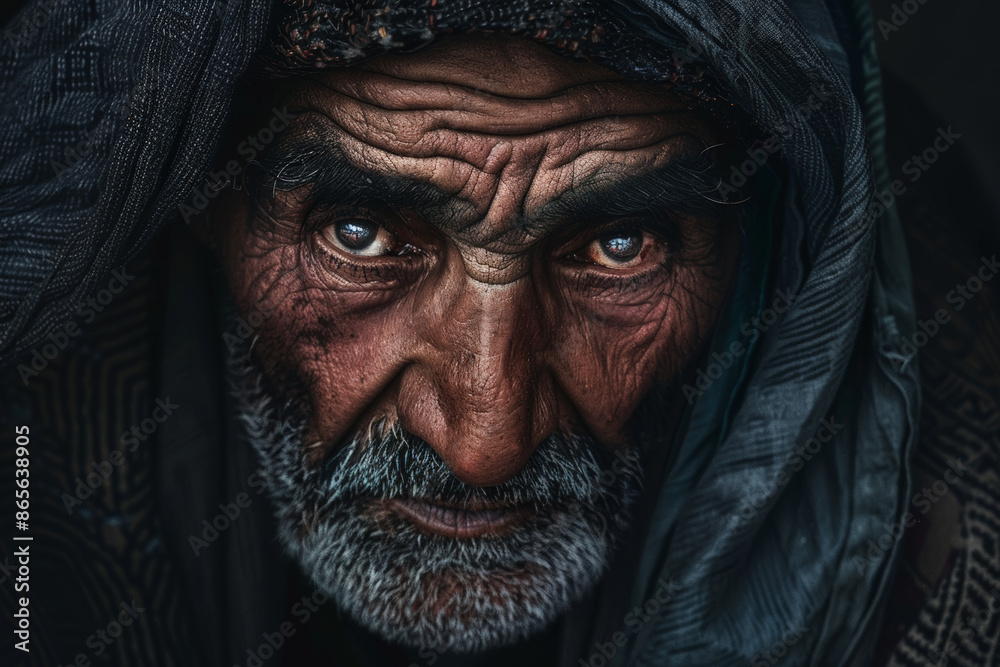 Close-up portrait of a senior man of Middle Eastern descent, studio photo, against a sleek gray studio backdrop