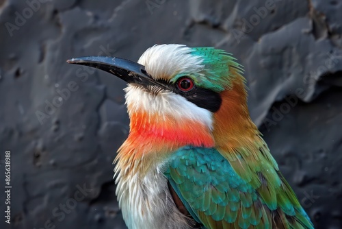 An image of a white-fronted bee-eater, its colorful plumage and white face vividly set against a charcoal backdrop. The bird's sharp beak and keen eyes are meticulously detailed. photo